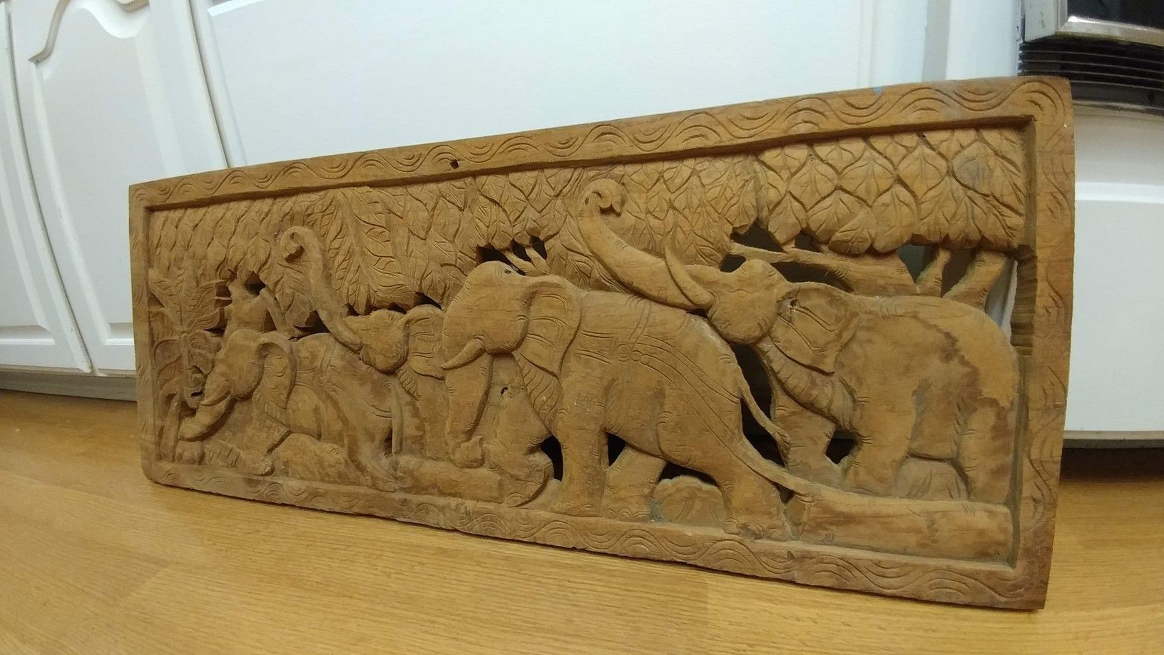 Large 36" x 14" wood carving of elephants