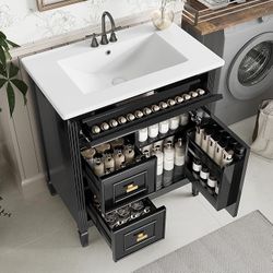 30 Inch White Bathroom Vanity with Ceramic Sink,Modern Bathroom Vanity with 2 Left Side Drawers & Flip Drawer,Gold Handles,Adjustable Shelf &