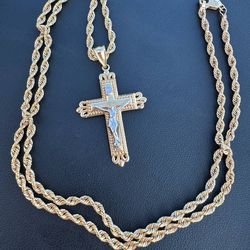 14k solid yellow gold 24 inches 3mm  rope chain necklace two tone cross pendant Jesus