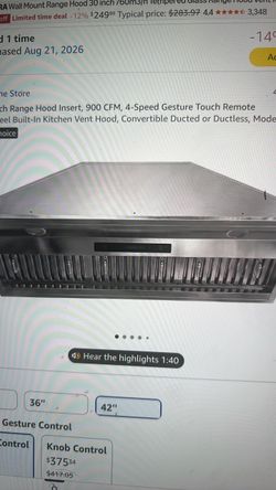 NEW JOCO 42” Range Hood Insert. 900 CFM, 4 speed gesture touch remote stainless steel built-in kitchen vent hood. Model B02-42G