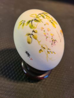 Vintage Chinese Hand Painted Egg with Wooden Stand