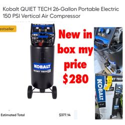 Brand new in  box Kobalt QUIET TECH 26-Gallon Portable Electric 150 PSI Vertical Air Compressor $280 firm don’t ask nothing lower cash only East Palmd