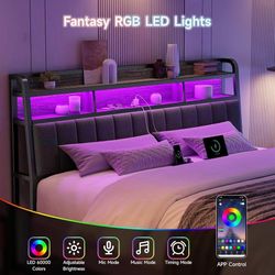 Ergonomic Headboard Queen Size with 2-Tier Storage, Black & Brown Upholstered Headboards with Power Outlets, USB Ports, LED Light, Queen Head Board On