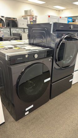 Samsung-Bespoke 27 Inch Wide 5.3 Cu. Ft. Front Load Washer and 27 Inch Wide 7.6 Cu. Ft. Gas Dryer Laundry Pair with Pedestal and Steam Sanitize+
