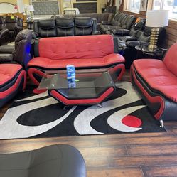 Red And Black Leather Living Room Set Of Sofa, Loveseat And Chair Brand New 