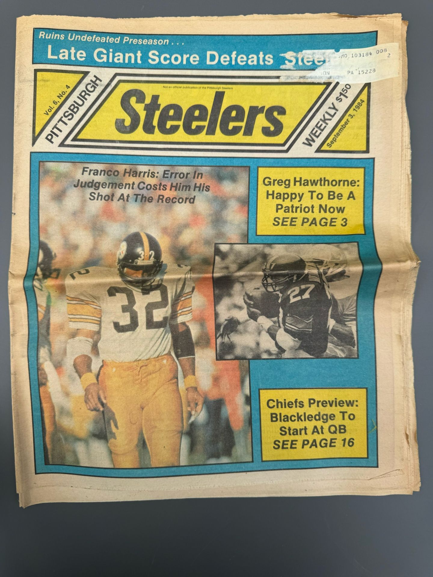 Steelers Weekly" newspaper from September 3, 1984. Franco Harris on Cover.