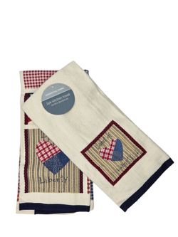 Vintage Patriotic Heart Kitchen Towels Red White And Blue Denim Patchwork NWT