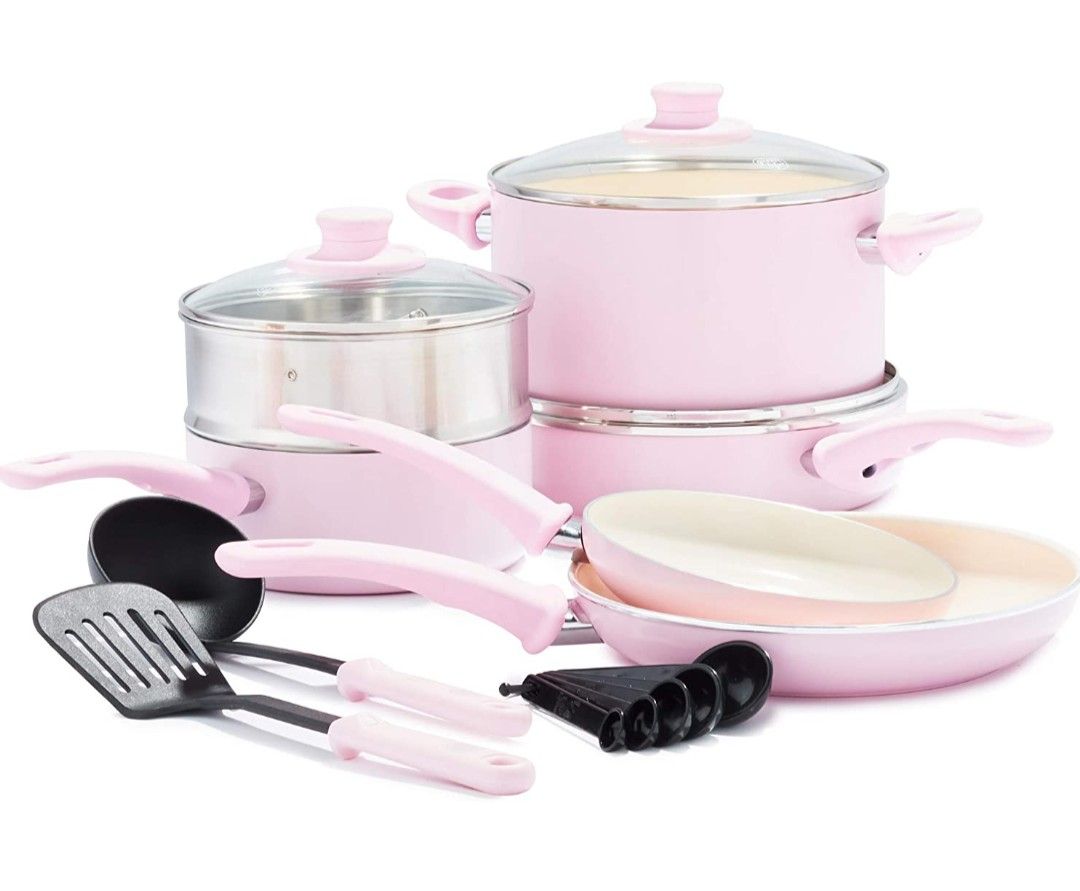 GreenLife Soft Grip Healthy Ceramic Nonstick Pink Cookware Pots Pans Set 12 piec