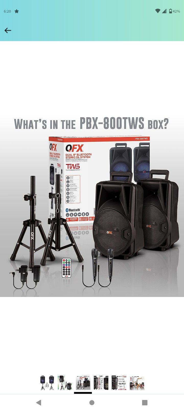 QFX PBX-800TWS 8-Inch Bluetooth Stereo PA System comes with 2x 8" Speakers and 2x Stands, 2x Microphones, and a Remote Control
