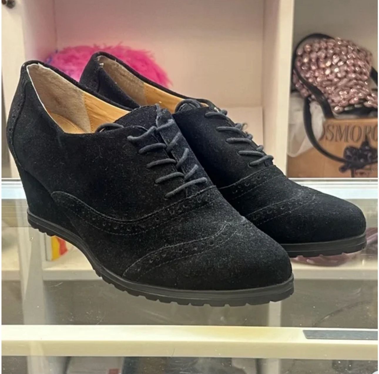 Ellen Tracy Black Suede Wedge “Wingtip” Oxford