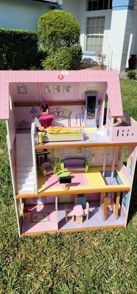 Wooden barbie Doll House With Furniture, Balcony And Elevator