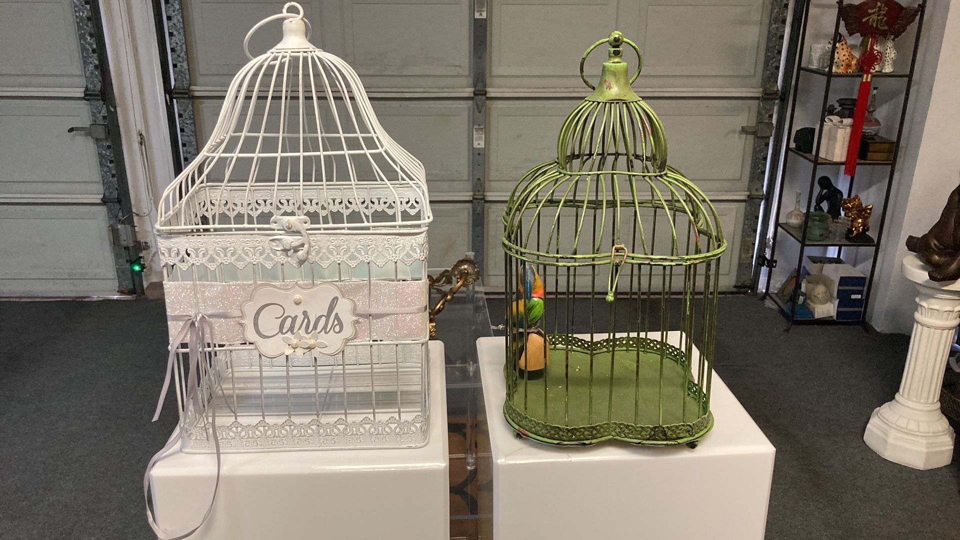 $30 EA BEAUTIFUL VINTAGE White Metal Birdcage For Decoration Or For Plant, Candle, Bird Statue, Wedding Cards, Etc. White Is 19” Tall X 10.5” Wide.  
