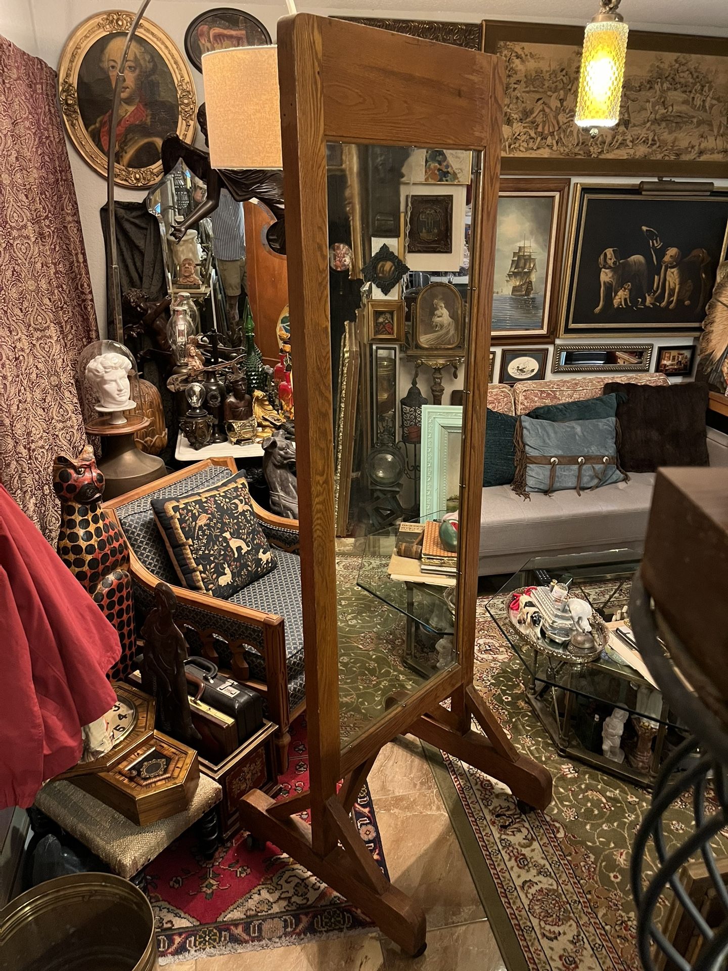 Large Antique Oak Guillotine Mirror 