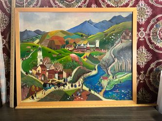 Bin Kashiwa Original Oil Painting Folk Art Country Village Framed Canvas Signed