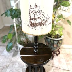 Mid - Century Nautical Ship Wheel Signed With Whaling Bark 1840 Shade Floor Lamp 52” H 22” Wide 