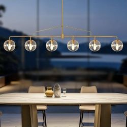 Gold Linear Chandelier 6 Lights Mid Century Modern Dining Room Chandelier Kitchen Island Pendant Light with Seeded Glass Shades for Island, Farmhouse,