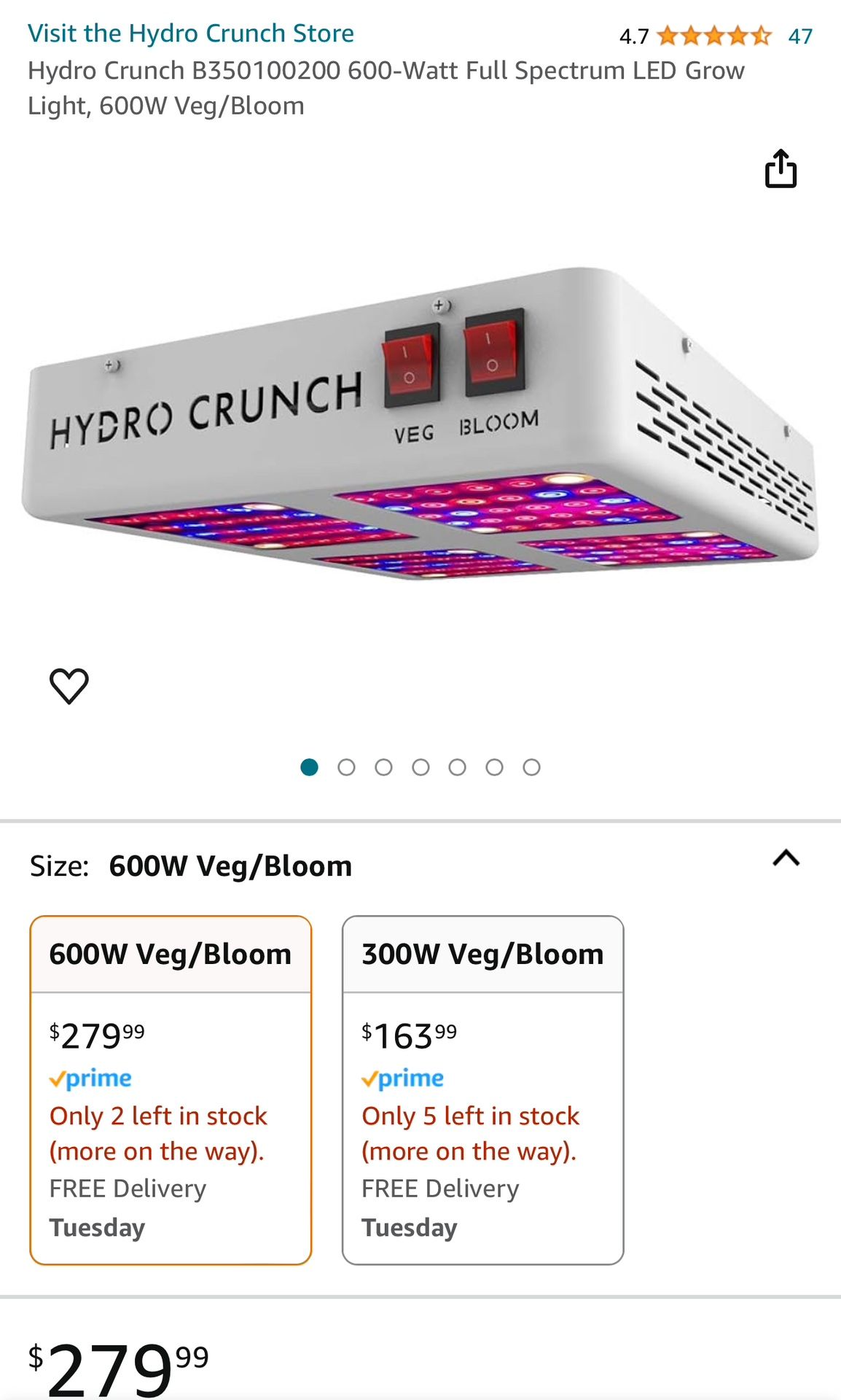 Hydro Crunch B(contact info removed)00 600-Watt Full Spectrum LED Grow Light, 600W Veg/Bloom