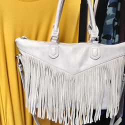 Gray leather fringe handbag