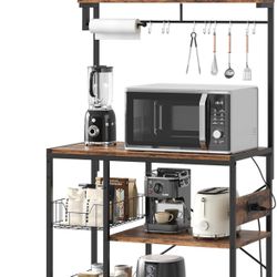 Bestier Bakers Rack with Power Outlet, 5-Tiers Microwave Stand with Storage, Coffee Bar with Paper Holder & Wire Basket, Adjustable Kitchen Storage Sh