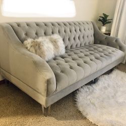 MOVING - Performance Velvet Tufted Grey Bella Dove Z Gallerie Designer Sofa!