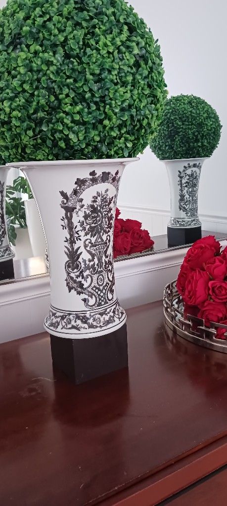 Two Tall White & Black Porcelain Vase