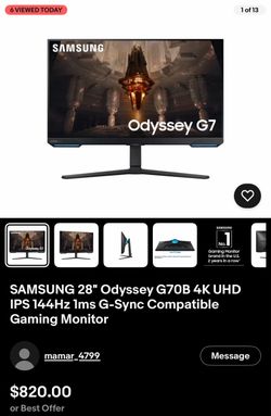 Samsung Odyssey G7 28" 4K 144hz Gaming Monitor