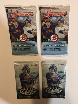 Bowman 2016 unopened packs of baseball card (2) and Topps Pro Debut unopened packs (2)