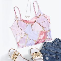 New Pink Purple Gold Marble Print Curly Trim Hem Crop Cami Tank Top - Small (4)