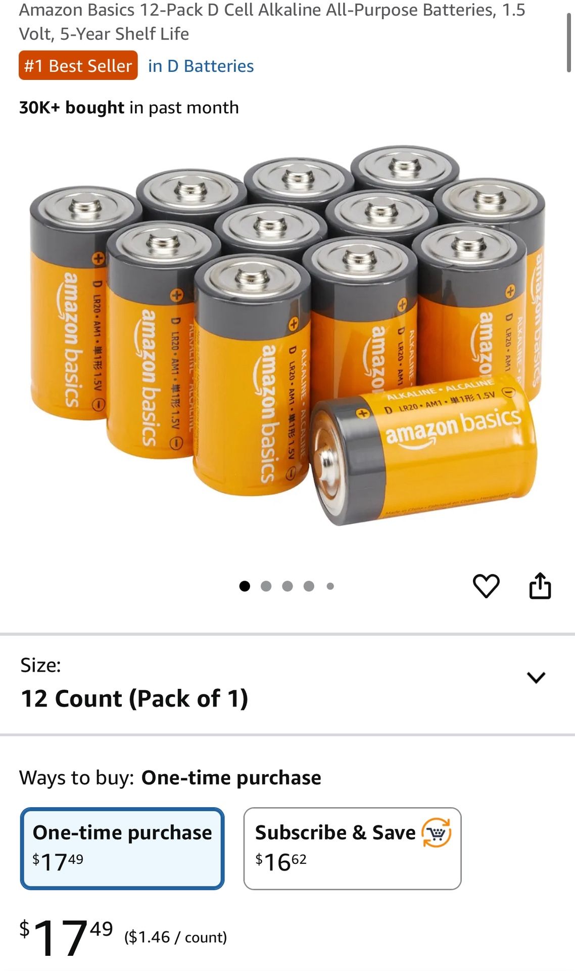 Amazon Basics 12-Pack D Cell Alkaline All-Purpose Batteries, 1.5