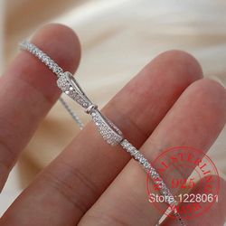 Real 925 Sterling Silver Bowknot Bracelet for Women Shiny Zircon Tennis Hard Bracelet Homme Wedding Party Jewelry Gifts  Metal type: sterling silver  