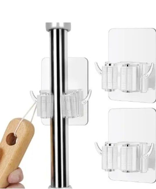 Broom Holder Wall Mount - 6 Pack Adhesive Mop and Large, Clear 