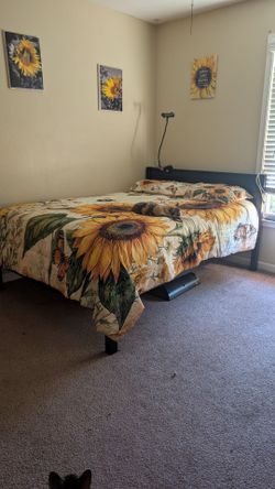 Full size bed frame - pillow top mattress and cooling sheets