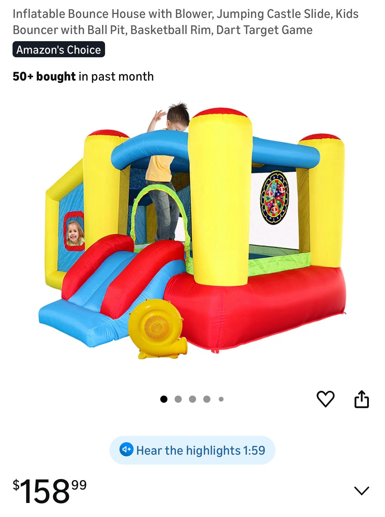 Inflatable Bounce House with Blower, Jumping Castle Slide, Kids Bouncer with Ball Pit, Basketball Rim, Dart Target Game