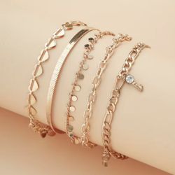 5-Piece Stackable Chain Anklet Set with Key-Shaped Tassel Pendant