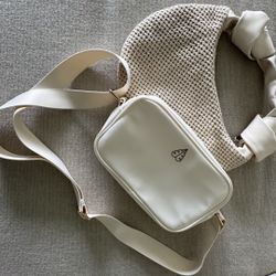 Off White Fabric Shoulder Bad And Beige Crochet Mini Purse  
