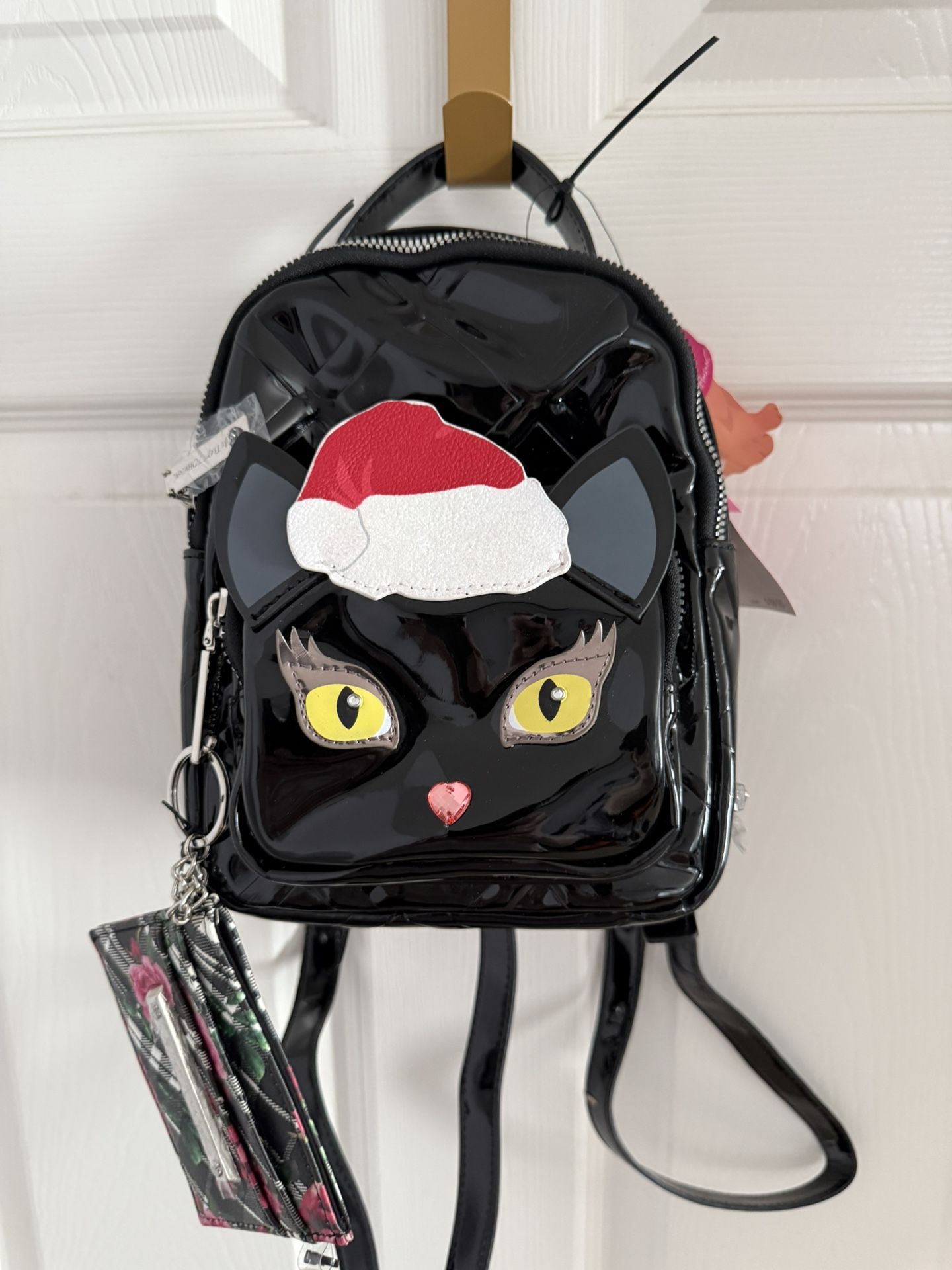 New Betsey Johnson Black Cat Kitsch Christmas Mini Backpack and Card Holder Set Holiday Gift 