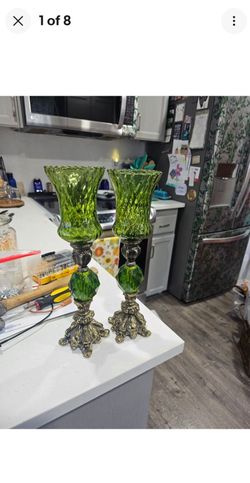 Set of 2 Regency Hollywood Candlestick Holders Metal with Green Lucite
