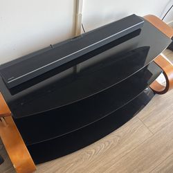 Modern Black Glass TV Stand w/ Wood Sides – Sleek 3-Tier Entertainment Center