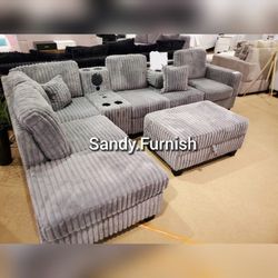 Corduroy Fabric sectional sofa with Media Console and cup holders