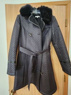 Women's Small Black Trench Style Coat, Double-Breasted, With Detachable Faux Fur Collar