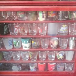 Shot Glass Collections From Around The World With Wood And Glass Case