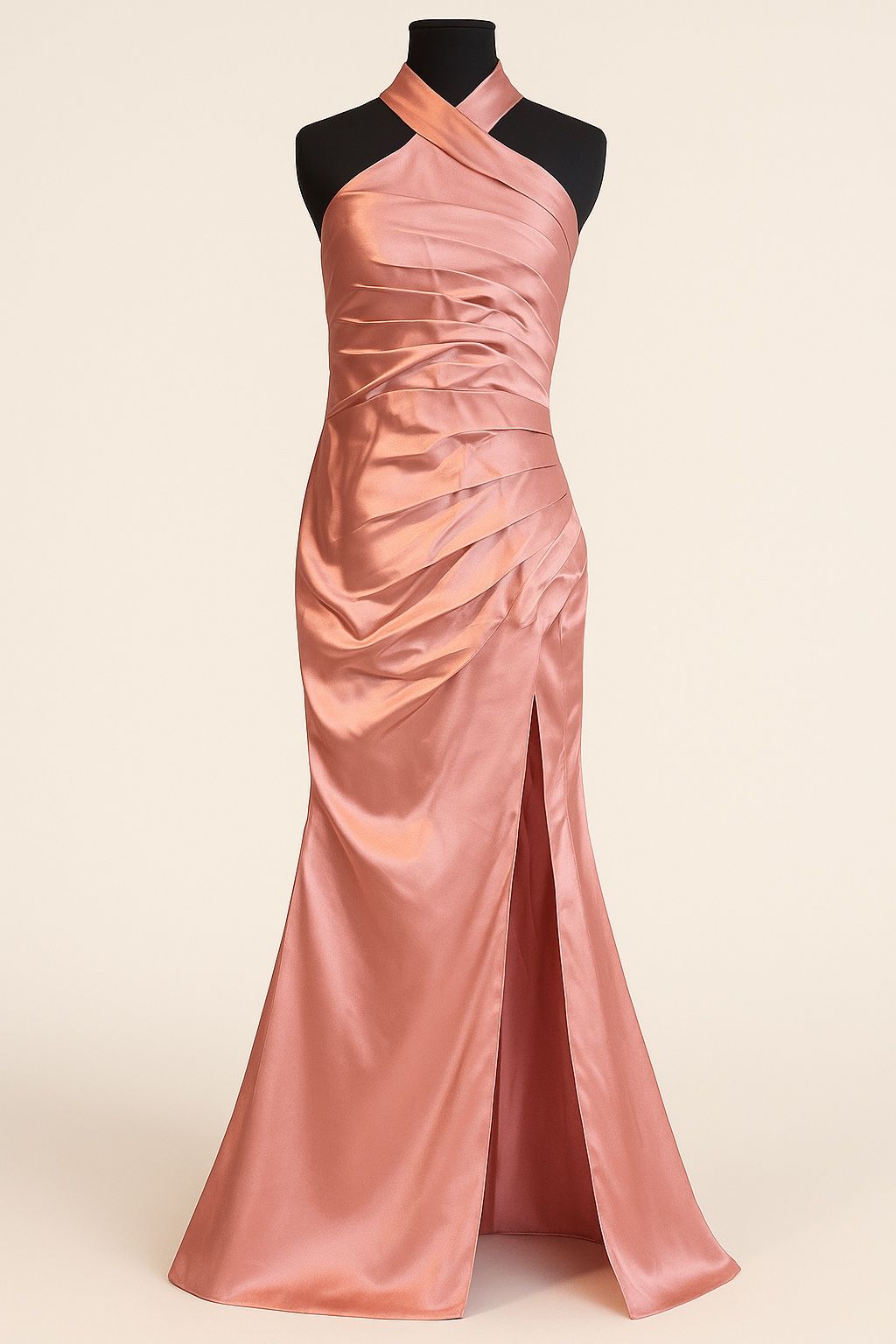 Elegant Rose Gold Satin Halter Neck Gown – Crisscross Pleated Formal Dress with Side Slit- XS