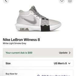 Nike LeBron Witness 8 White Light Smoke Grey Size 8