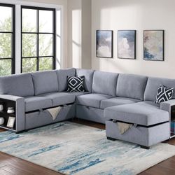 Brand New Gray Or Tan 4-Piece Convertible Sectional
Sleeper Sofa W/Fold-Down Table, Chaise Storage, Wireless Charging & Built-in Shelf