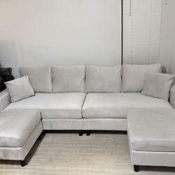 Modern Cream/Ivory Sofa with Ottomans