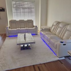 WHITE LEATHER COUCHES WITH TABLE SET