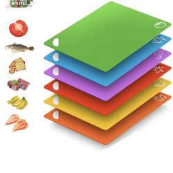 Amazon Brand Extra Flexible Plastic Cutting Board for Kitchen Dishwasher Safe Non-Slip Set of 6 Colors Code Large Thick BPA Free Plastic Cutting Mats-