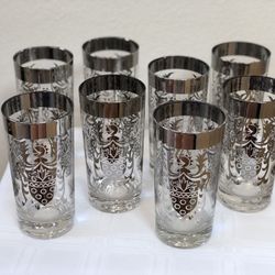 Set of 8 ~ Vintage Kimiko Highball Silver Crest Tumblers