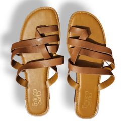 Womens Franco Sarto Goddess Flat Slip On Sandals, Brown Leather, 7 US / 37 EU