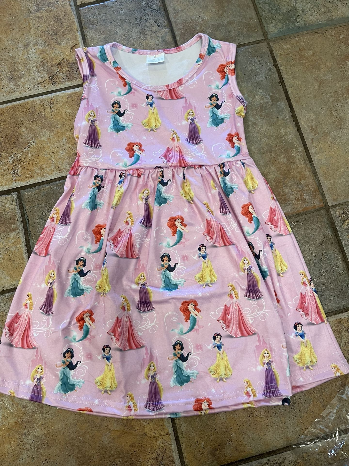 Cartoon Princess Print|Girls Pink Dress|A-line|Waist Ruched Design